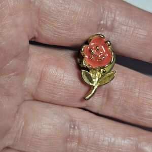 *Sale*Vintage Dainty Gold Tone Pink Enamel Flower Lapel Pin Hat Lanyard Tie Tack